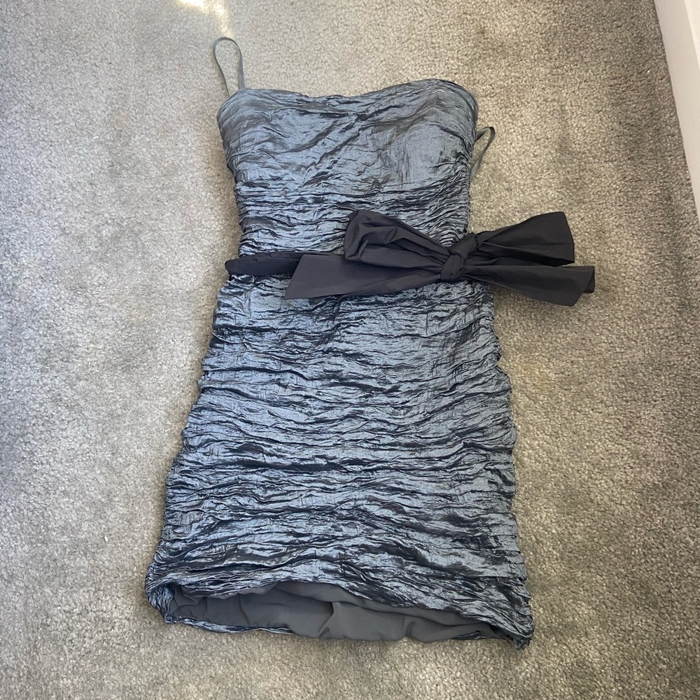 BCBGMaxAzria Silver Ruched Tie Front Mini Dress